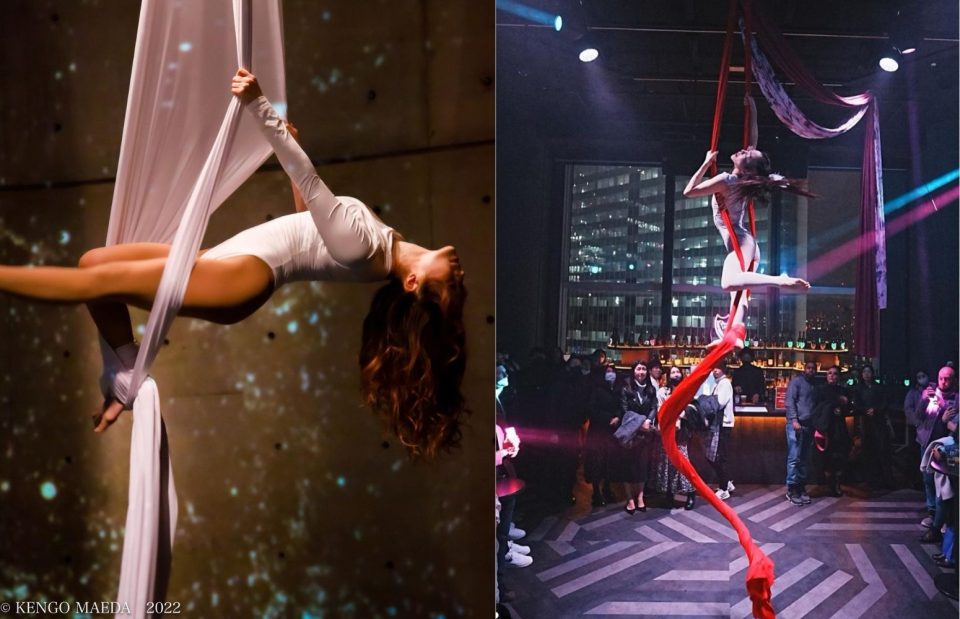 エアリアルシルクの演技。天井からつるされた布を使い、地上５メートルの高さで踊る。パフォーマーはエアリアルアーティストの田尻晶子さん。